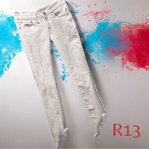 R13 Kate Skinny Long Distressed Angled Hem Jeans- Garret White - Sz 26 (EUC)